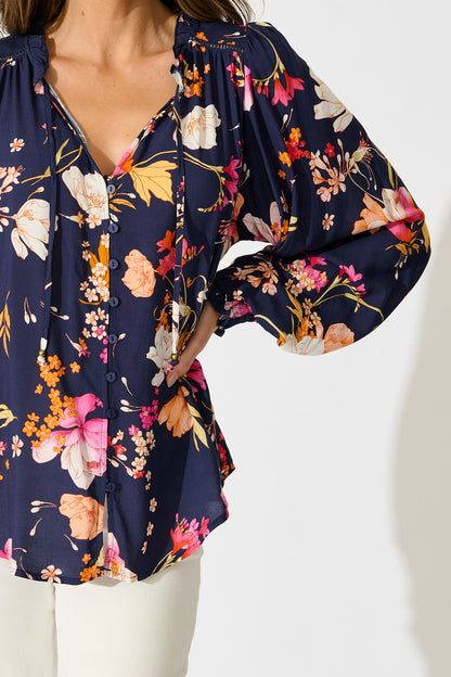 Devotion Top in Navy with Multi Floral