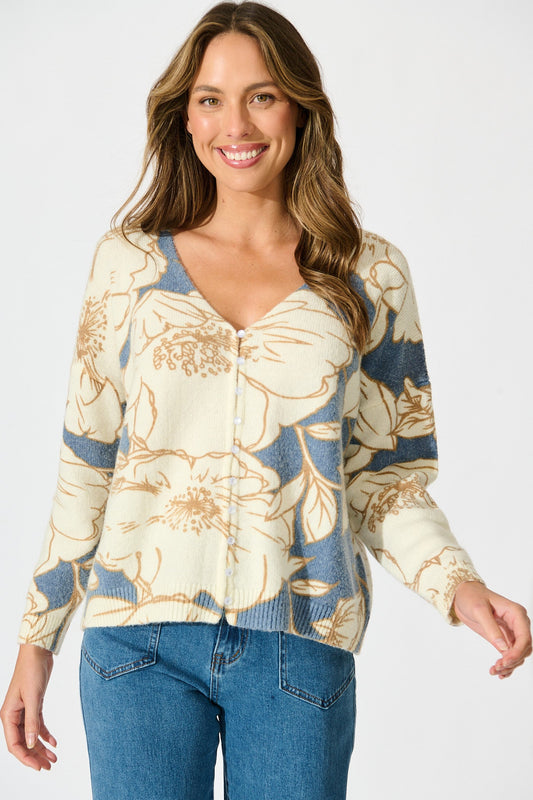 Pandora Knit Cardigan in Steel Blue Floral