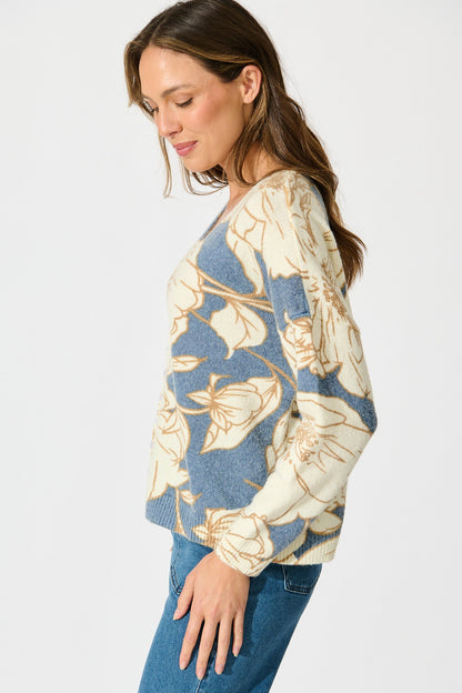 Pandora Knit Cardigan in Steel Blue Floral