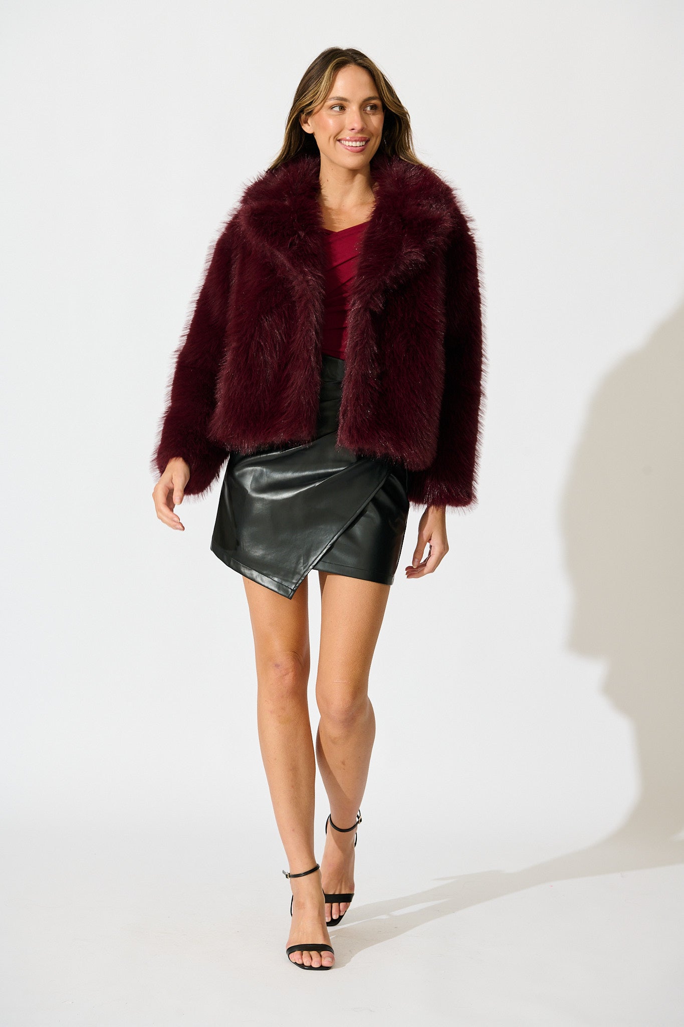 Maison Layer Faux Fur Jacket in Wine
