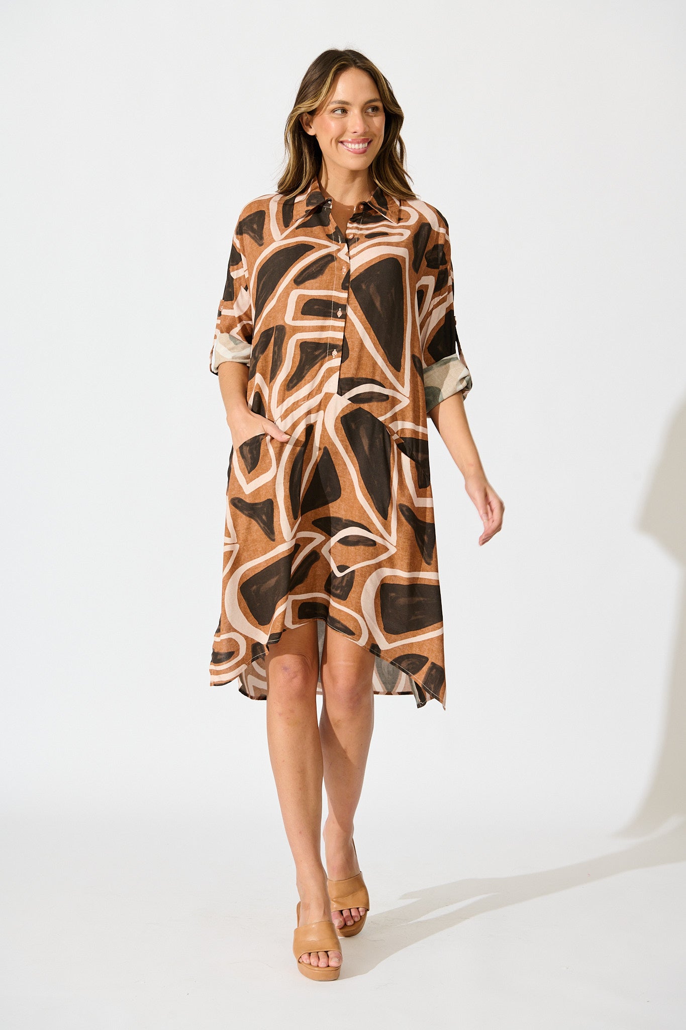 London Midi Smock Dress in Neutral Geometric Print