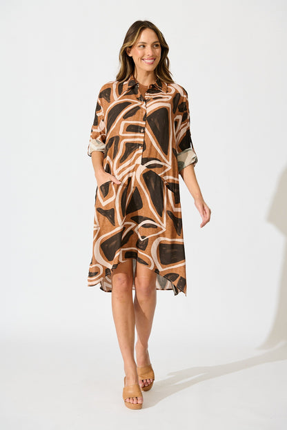 London Midi Smock Dress in Neutral Geometric Print