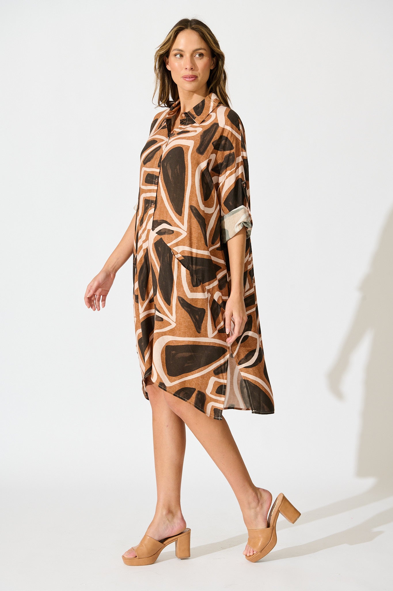 London Midi Smock Dress in Neutral Geometric Print
