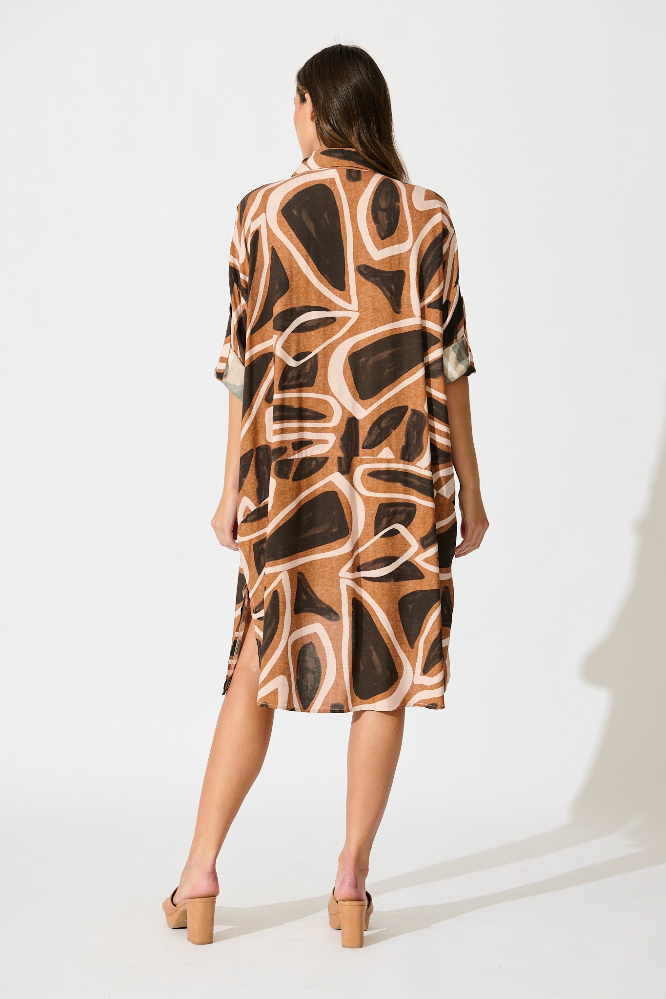 London Midi Smock Dress in Neutral Geometric Print