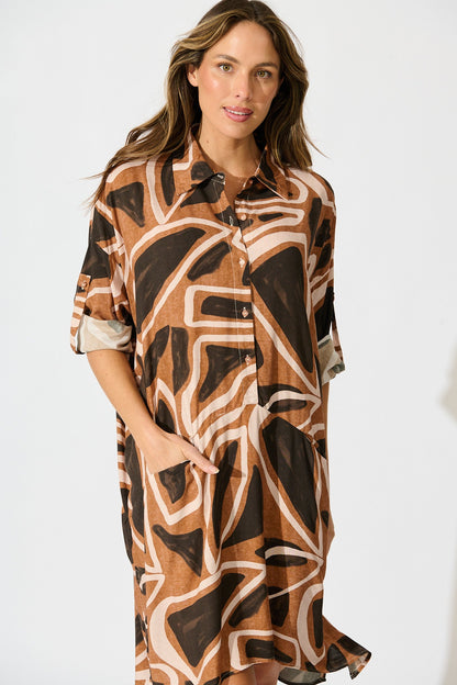London Midi Smock Dress in Neutral Geometric Print