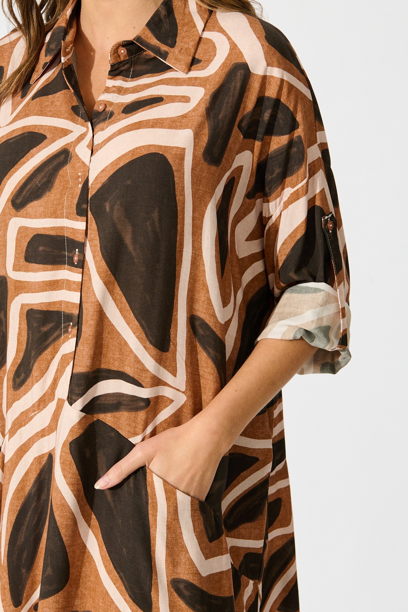 London Midi Smock Dress in Neutral Geometric Print