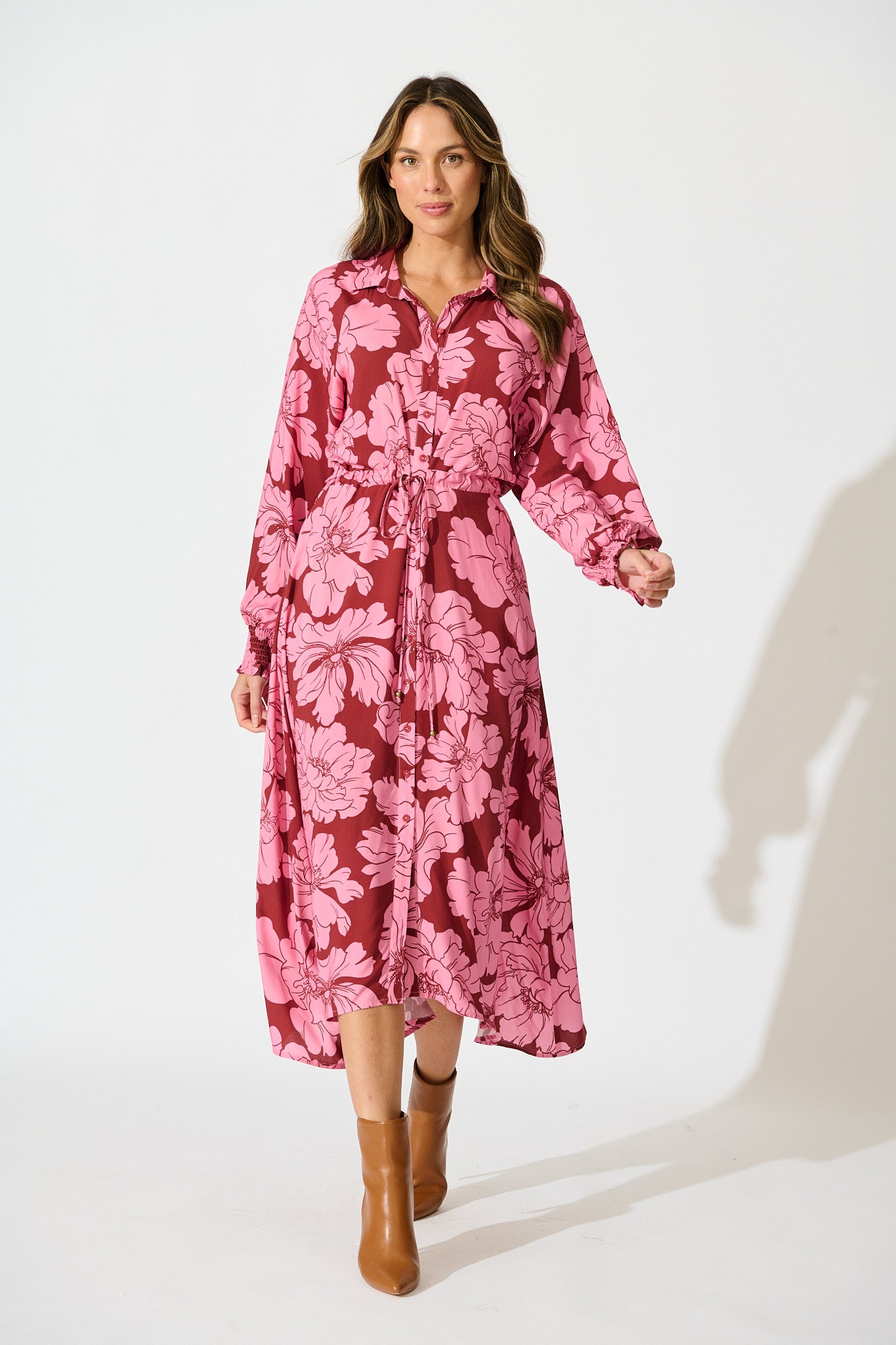 High Tea Midi Shirt Dress in Wine with Pink Floral