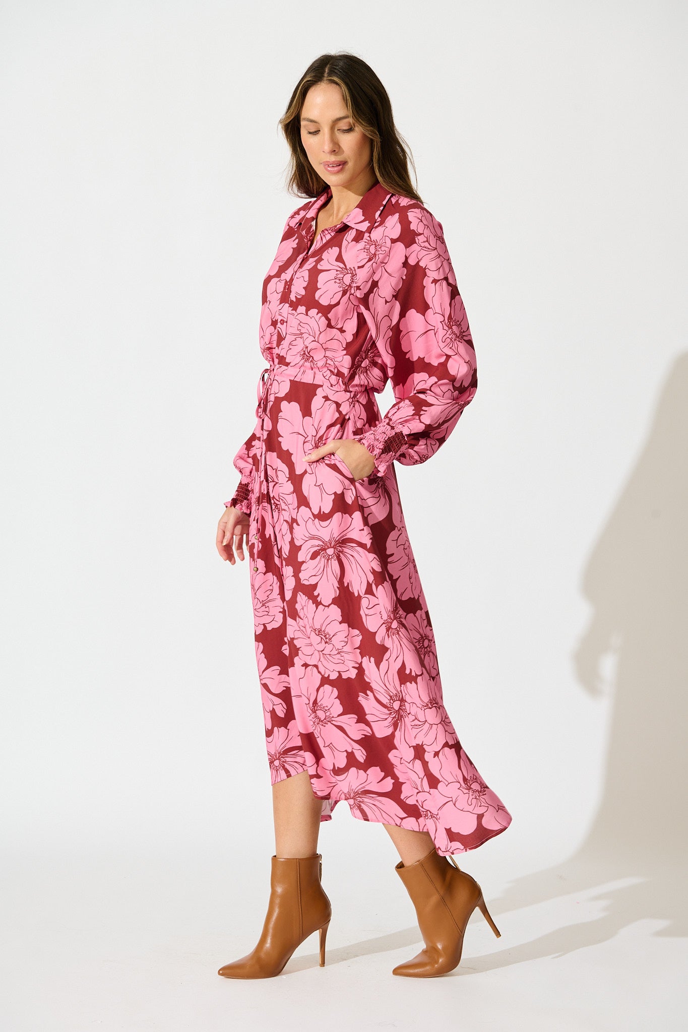 High Tea Midi Shirt Dress in Wine with Pink Floral