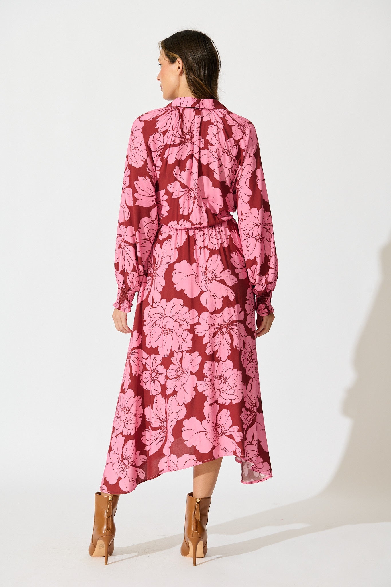 High Tea Midi Shirt Dress in Wine with Pink Floral