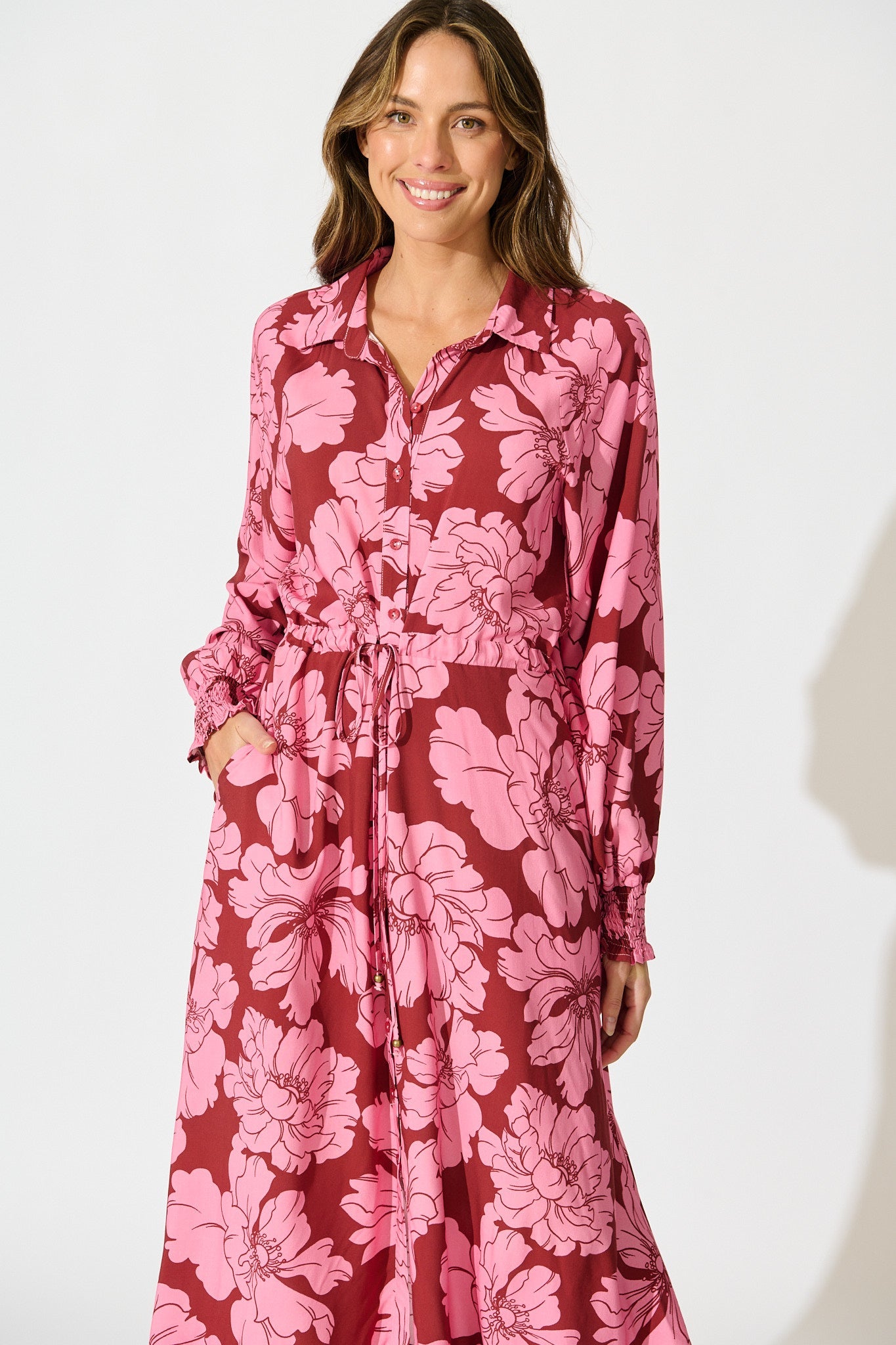 High Tea Midi Shirt Dress in Wine with Pink Floral