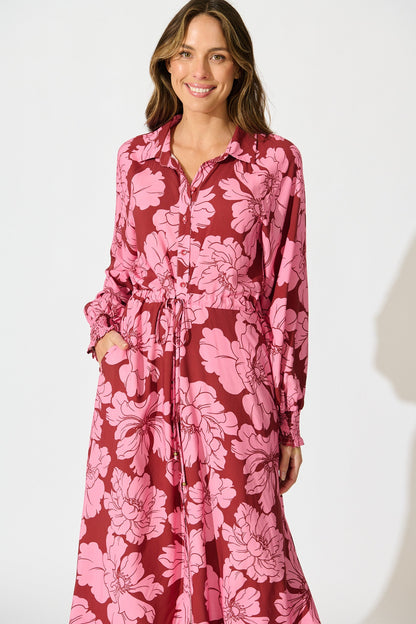 High Tea Midi Shirt Dress in Wine with Pink Floral