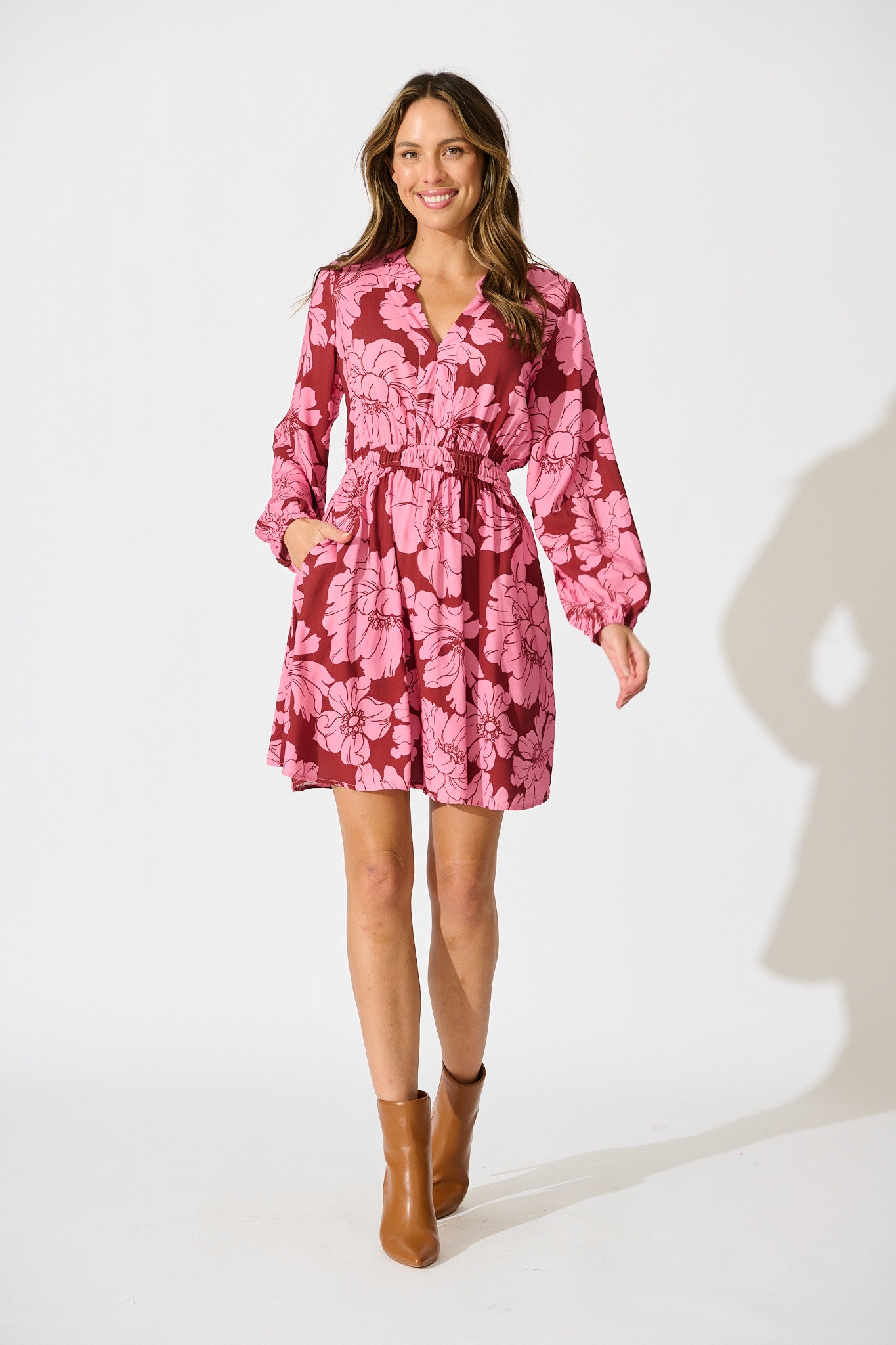 Memoir Dress in Wine with Pink Floral