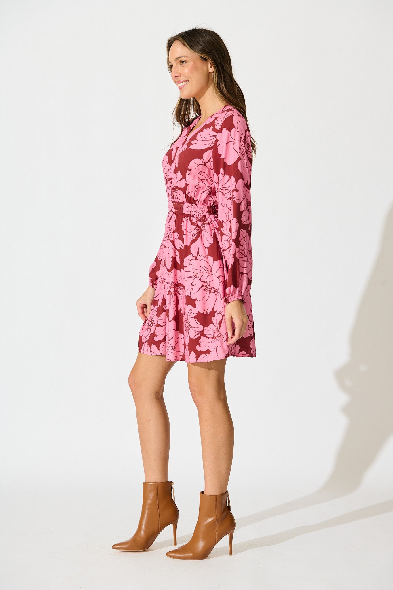Memoir Dress in Wine with Pink Floral
