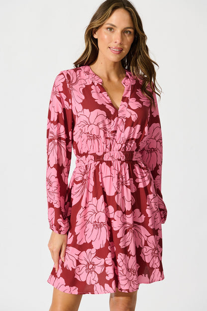 Memoir Dress in Wine with Pink Floral