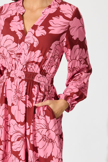 Memoir Dress in Wine with Pink Floral