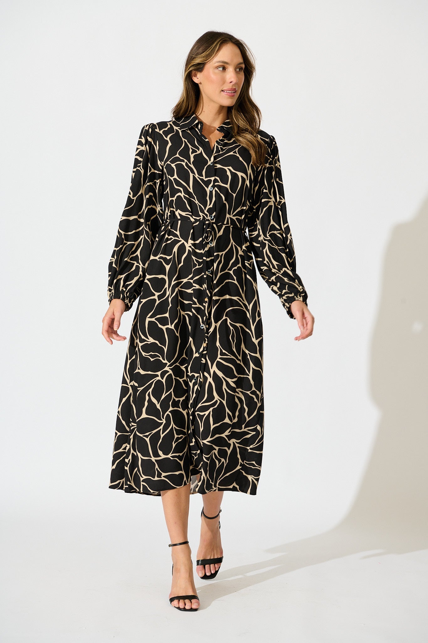 Think About It Maxi Shirt Dress in Black Geometric Print
