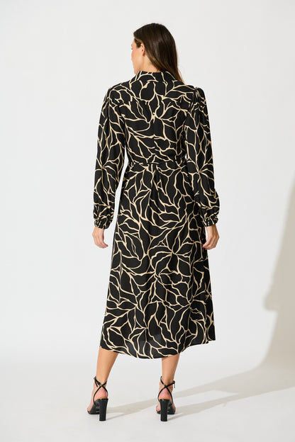 Think About It Maxi Shirt Dress in Black Geometric Print