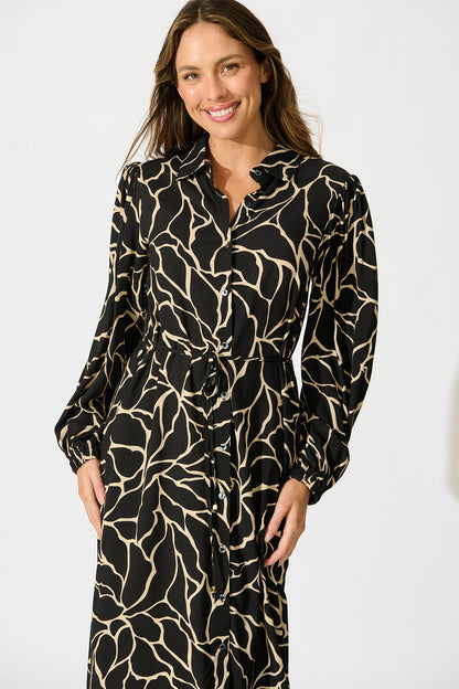 Think About It Maxi Shirt Dress in Black Geometric Print
