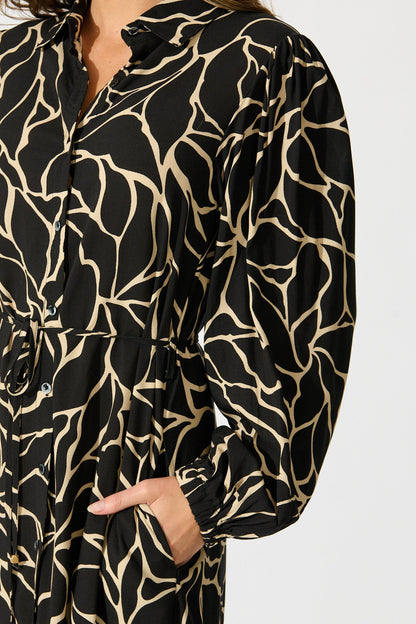 Think About It Maxi Shirt Dress in Black Geometric Print