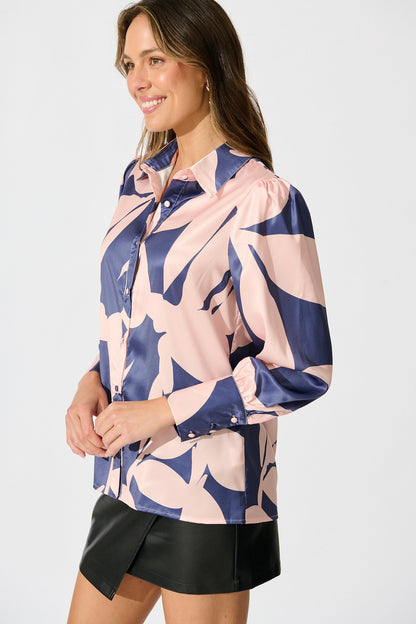 Callia Shirt in Navy with Blush Print