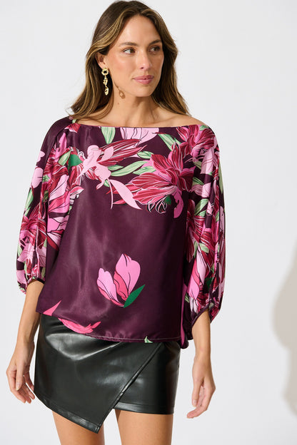 Darcy Off shoulder Top in Plum with Pink Floral Print