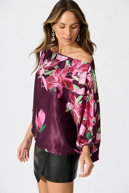 Darcy Off shoulder Top in Plum with Pink Floral Print