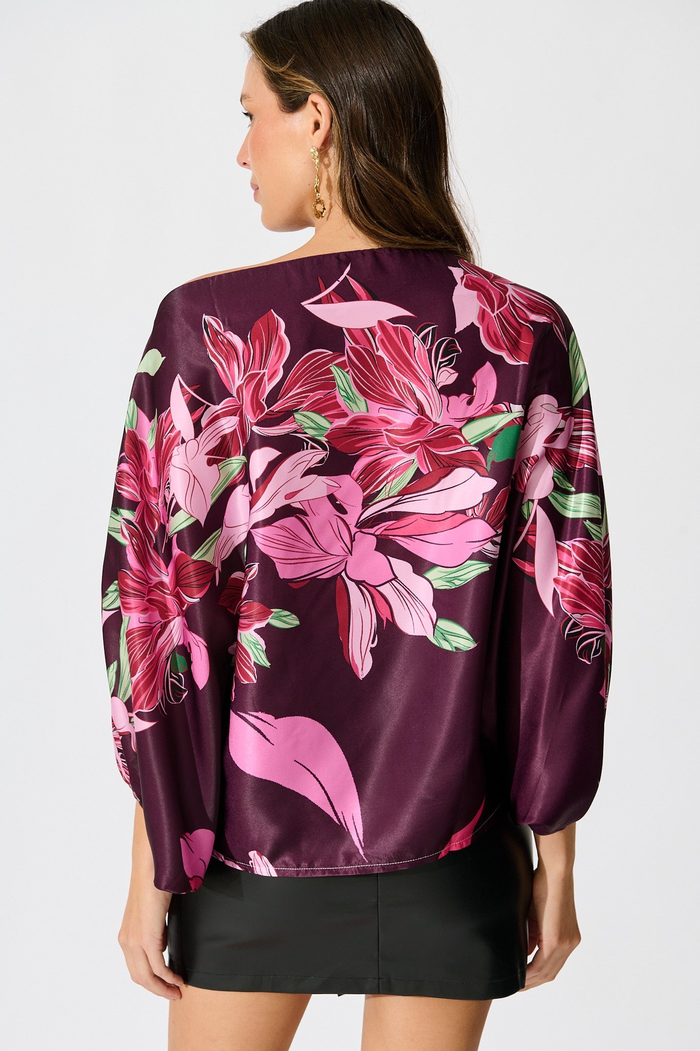 Darcy Off shoulder Top in Plum with Pink Floral Print