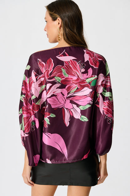 Darcy Off shoulder Top in Plum with Pink Floral Print