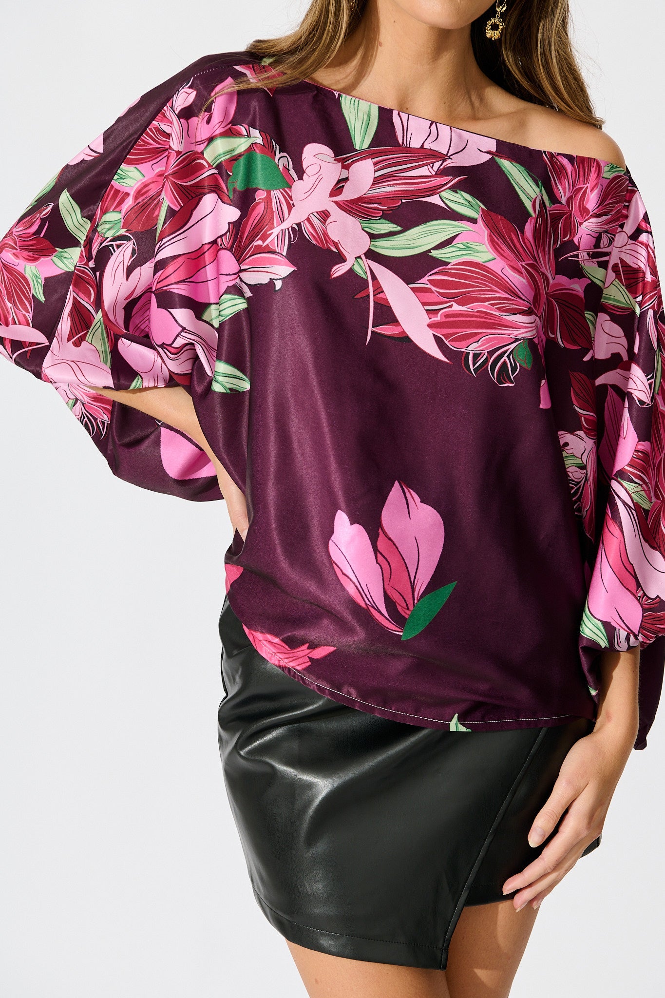 Darcy Off shoulder Top in Plum with Pink Floral Print