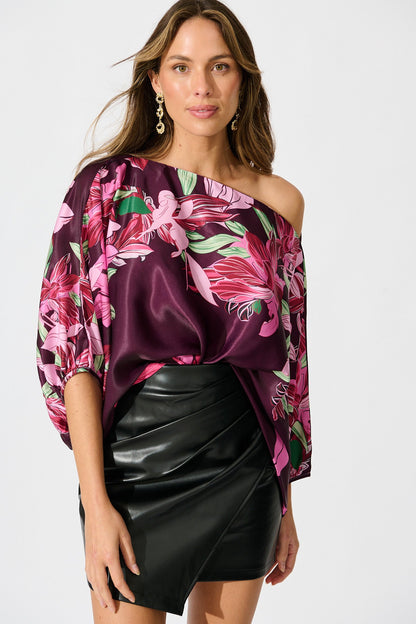 Darcy Off shoulder Top in Plum with Pink Floral Print