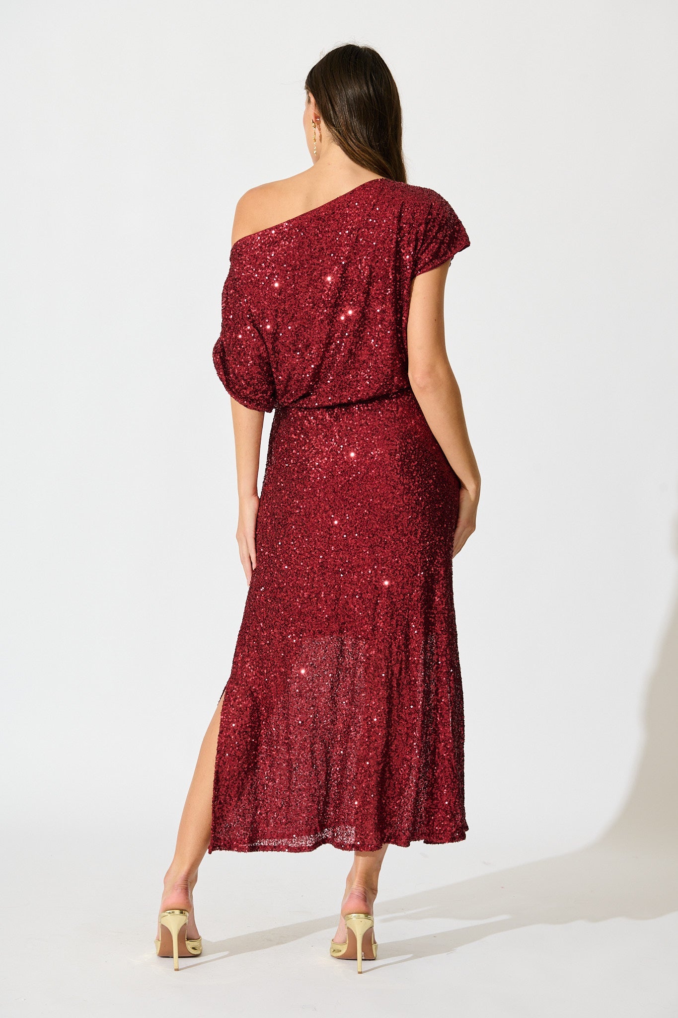 Amiri Off Shoulder Maxi Dress in Wine Sequin