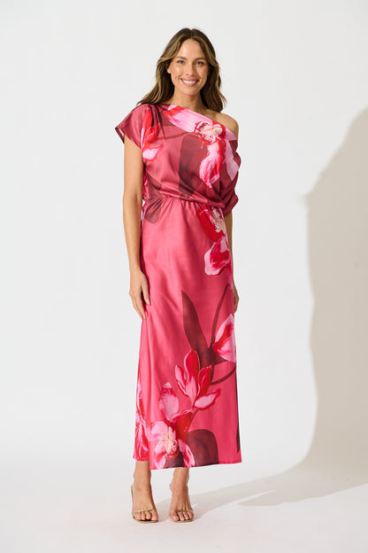 Sarita Maxi Off Shoulder Dress in Multi Pink Floral Satin
