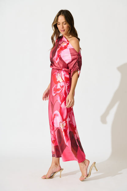 Sarita Maxi Off Shoulder Dress in Multi Pink Floral Satin