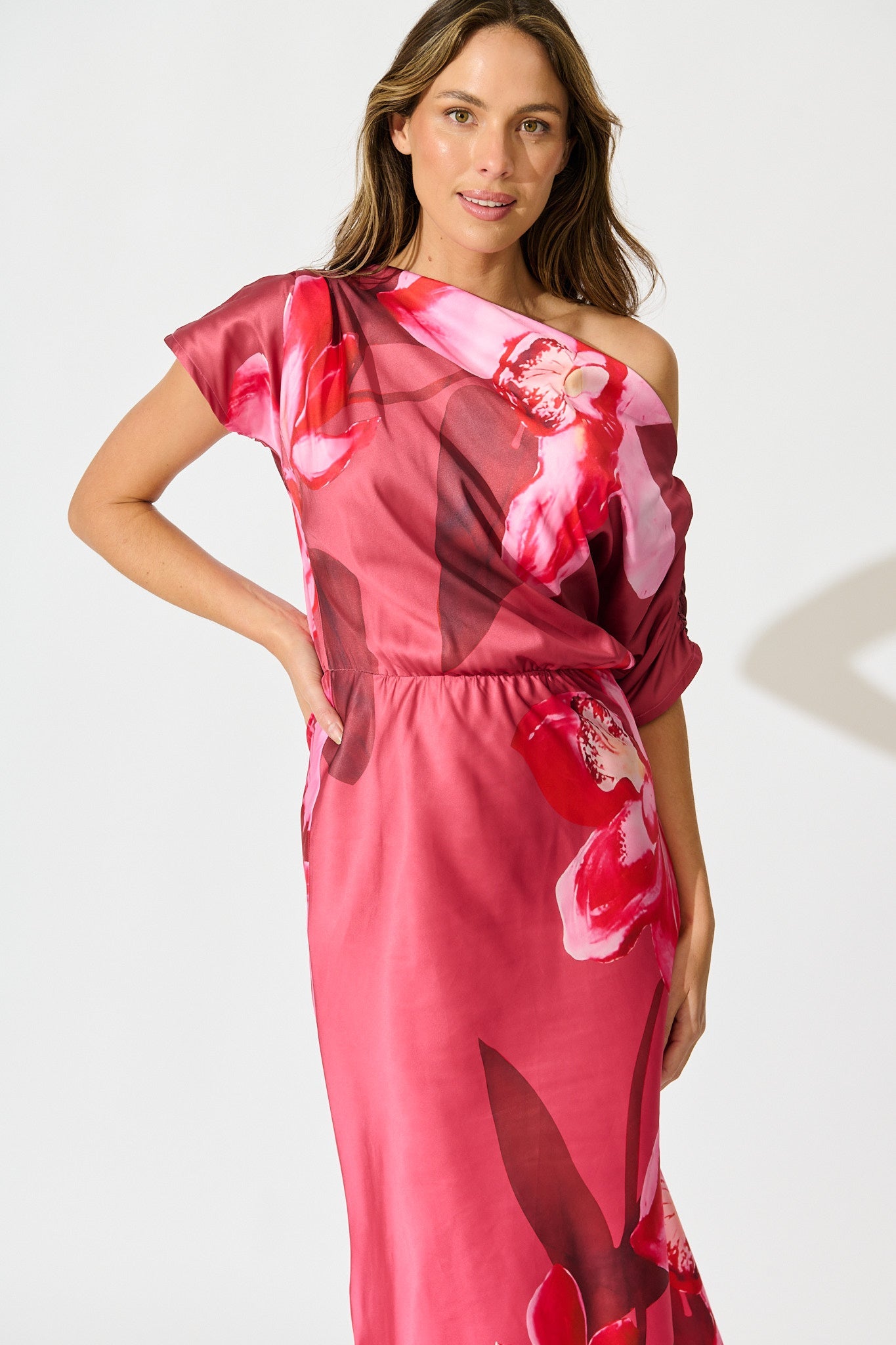 Sarita Maxi Off Shoulder Dress in Multi Pink Floral Satin