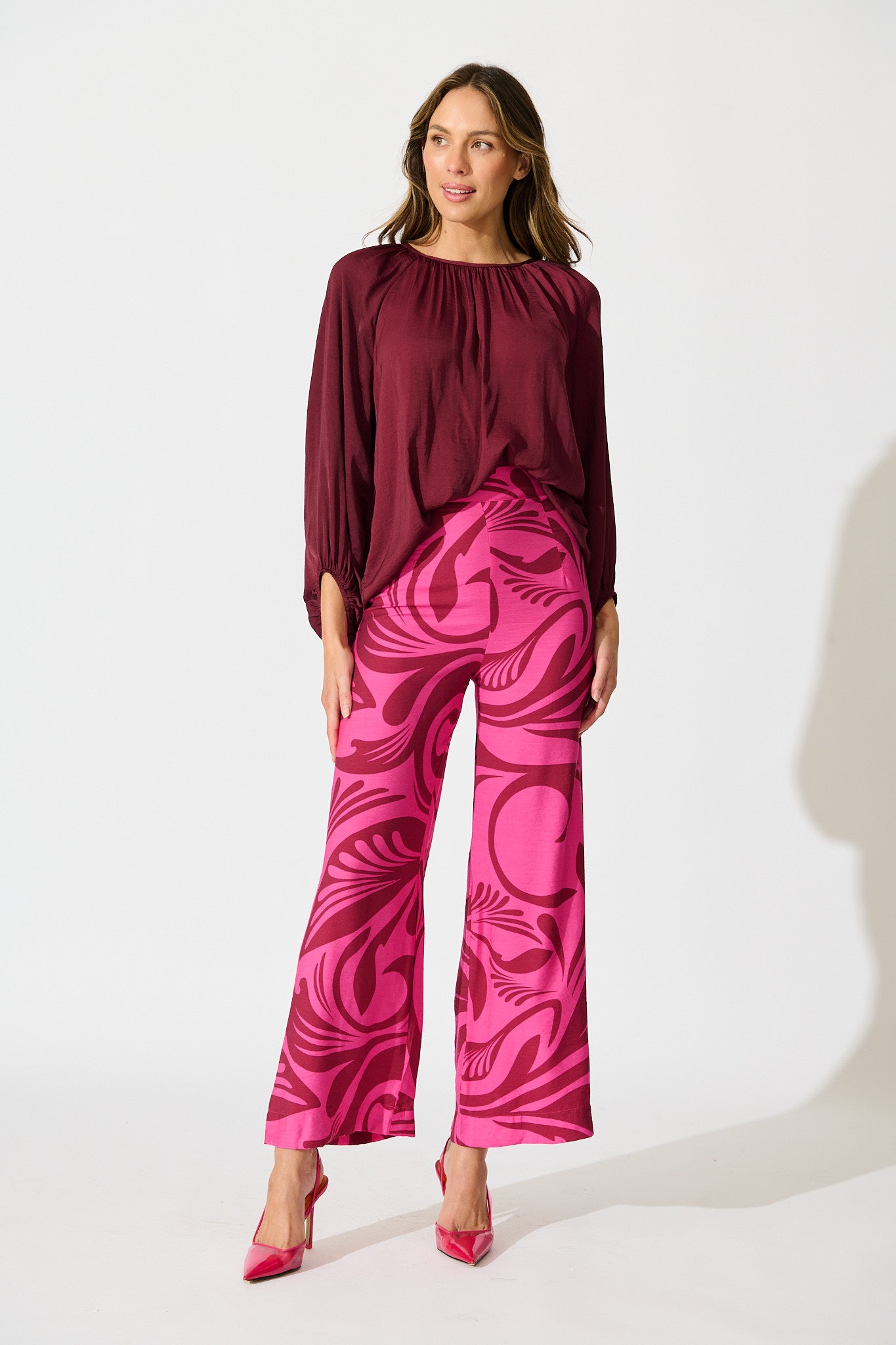 Sherene Pant in Pink with Wine Print