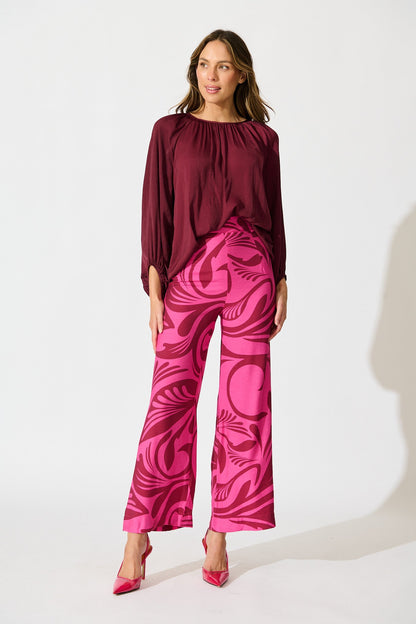 Sherene Pant in Pink with Wine Print