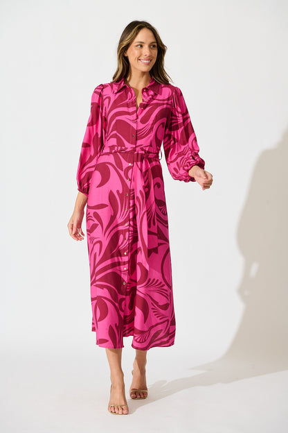 Lorna Maxi Shirt Dress in Pink with Wine Print
