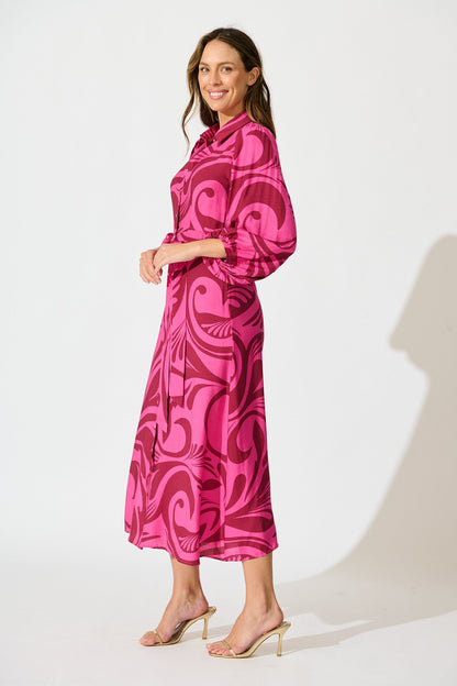 Lorna Maxi Shirt Dress in Pink with Wine Print