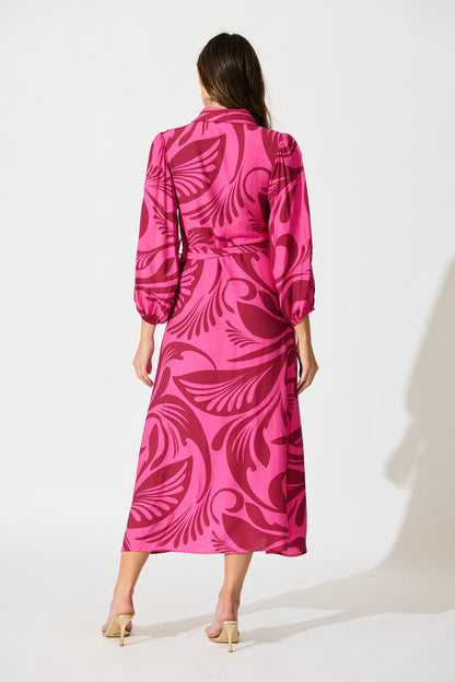 Lorna Maxi Shirt Dress in Pink with Wine Print