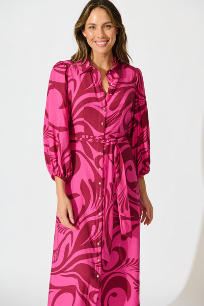 Lorna Maxi Shirt Dress in Pink with Wine Print