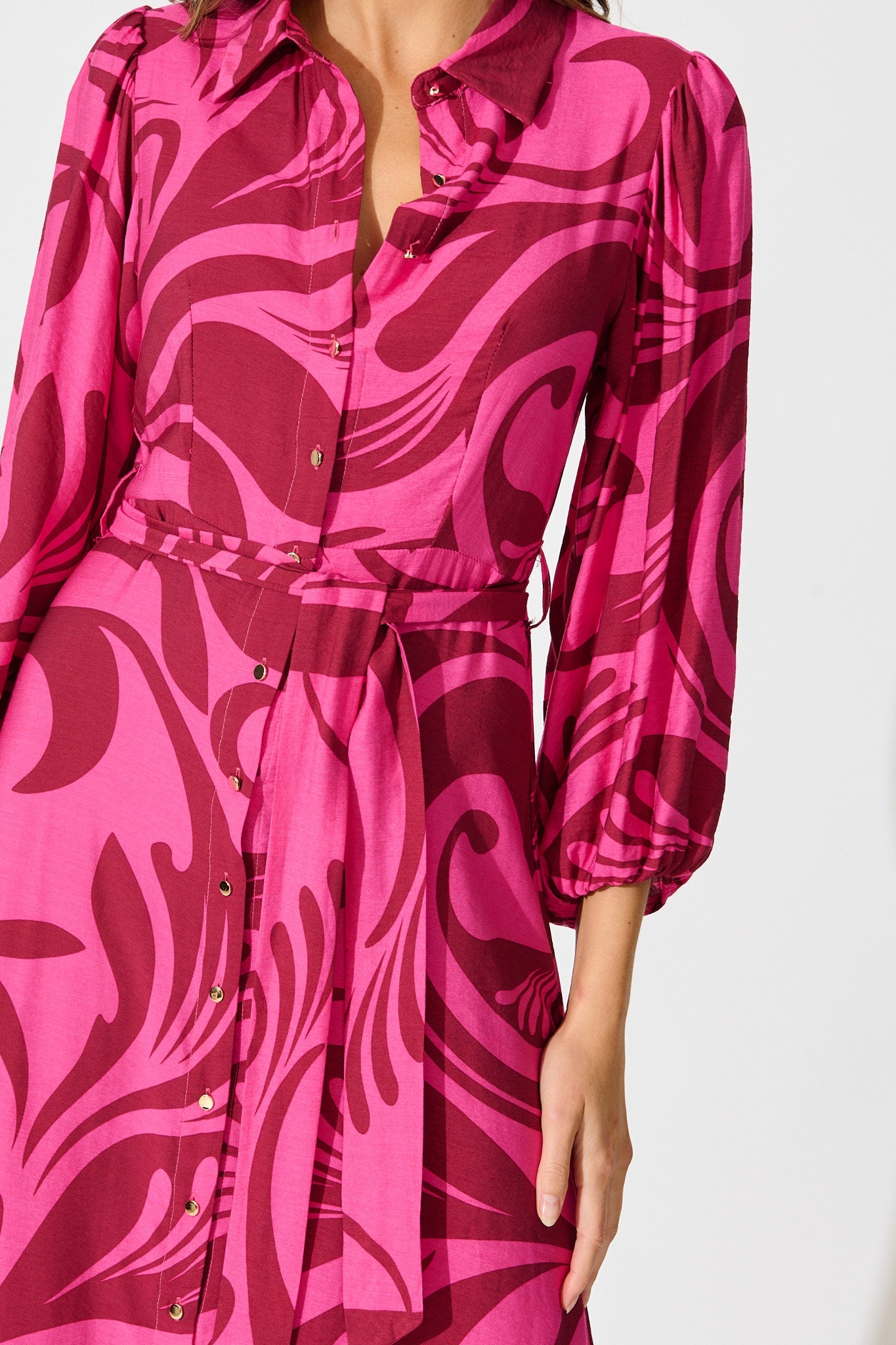 Lorna Maxi Shirt Dress in Pink with Wine Print