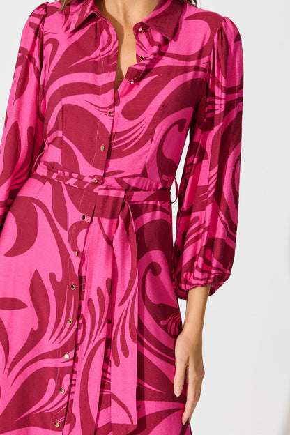 Lorna Maxi Shirt Dress in Pink with Wine Print