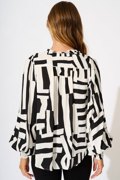 Solara Top in Black with White Geometric Print