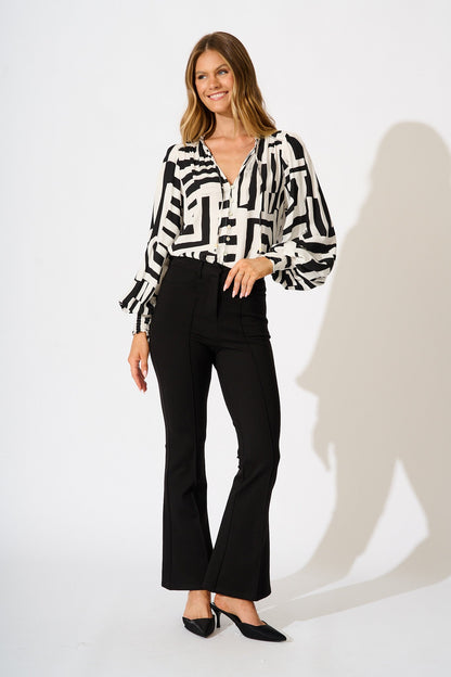 Solara Top in Black with White Geometric Print
