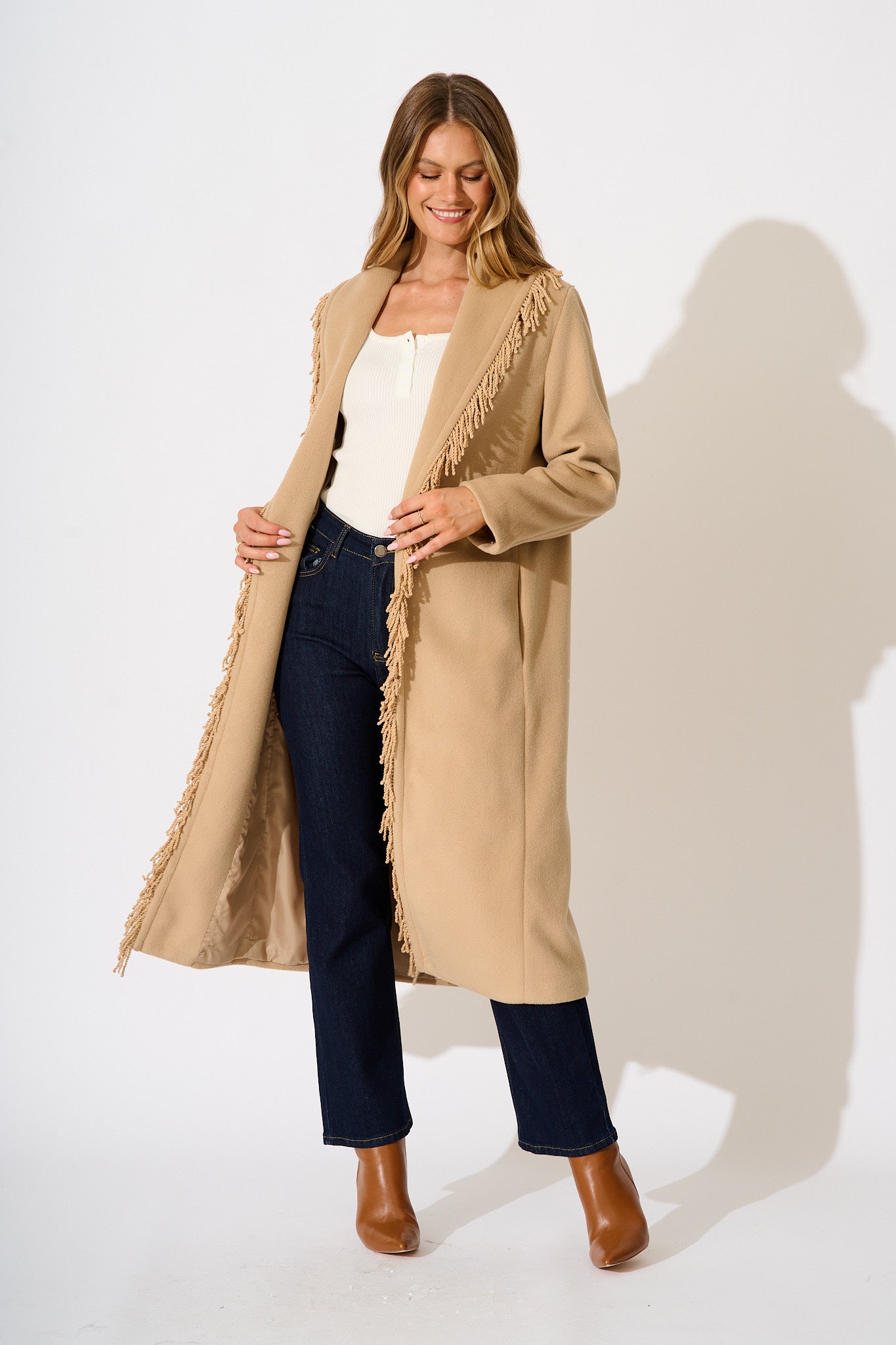 Fringe Fatale Coat in Camel