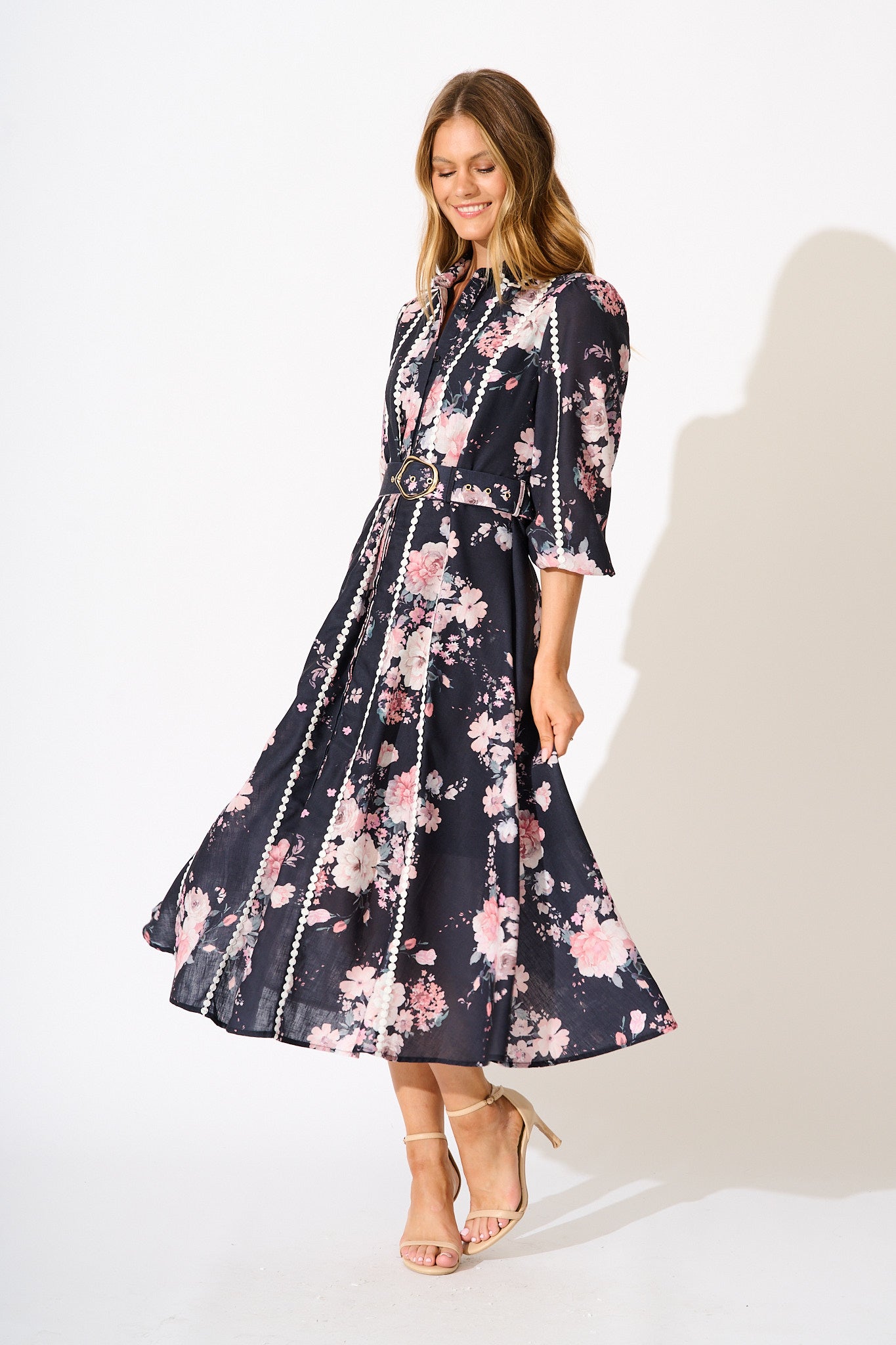 Art Of Bloom Midi Shirt Dress in Black with Blush Floral Linen Blend