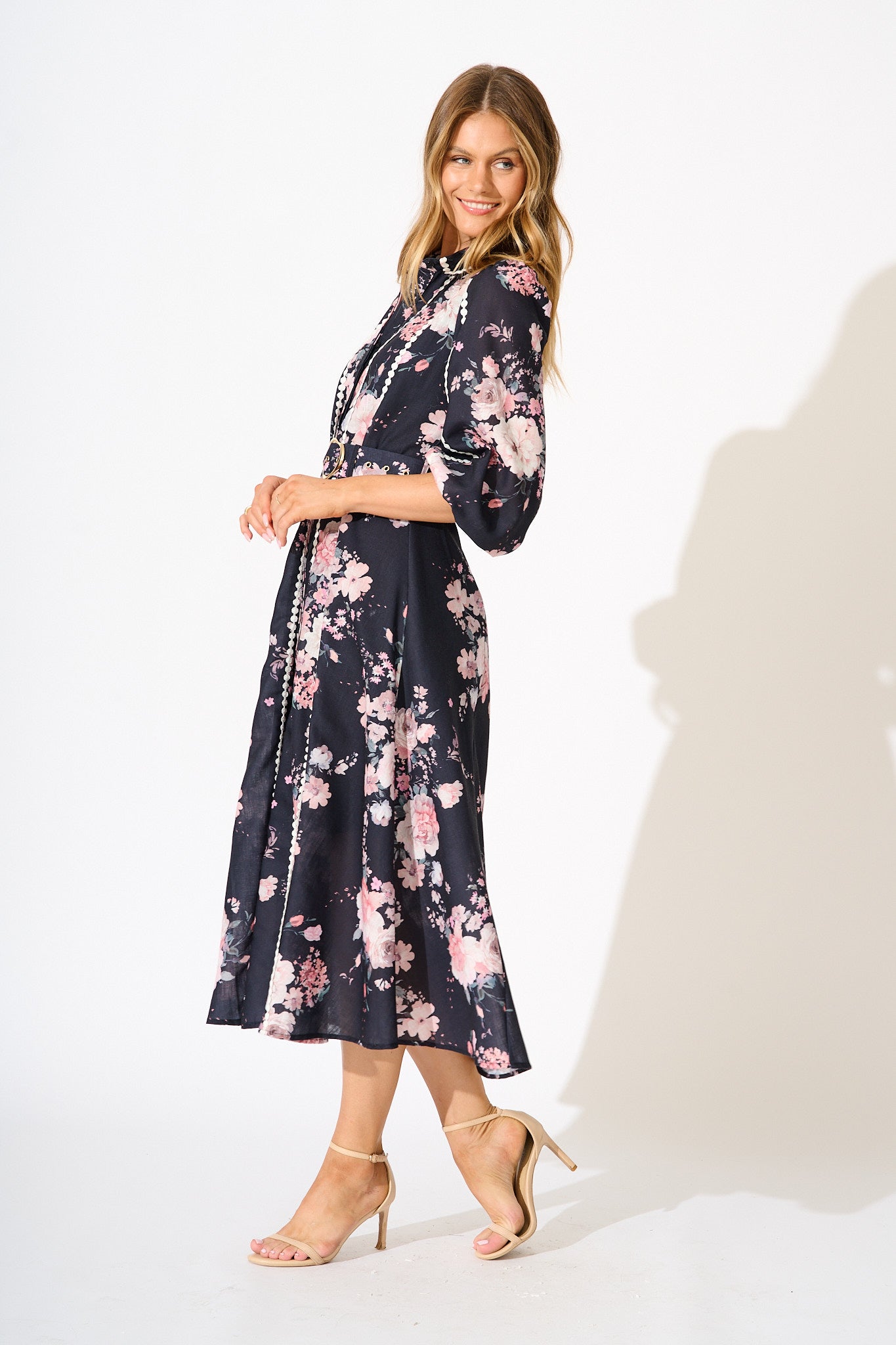 Art Of Bloom Midi Shirt Dress in Black with Blush Floral Linen Blend
