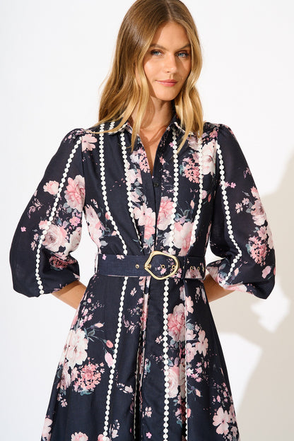 Art Of Bloom Midi Shirt Dress in Black with Blush Floral Linen Blend
