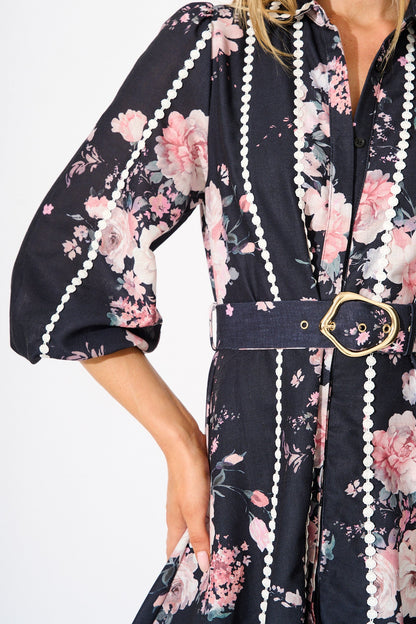 Art Of Bloom Midi Shirt Dress in Black with Blush Floral Linen Blend