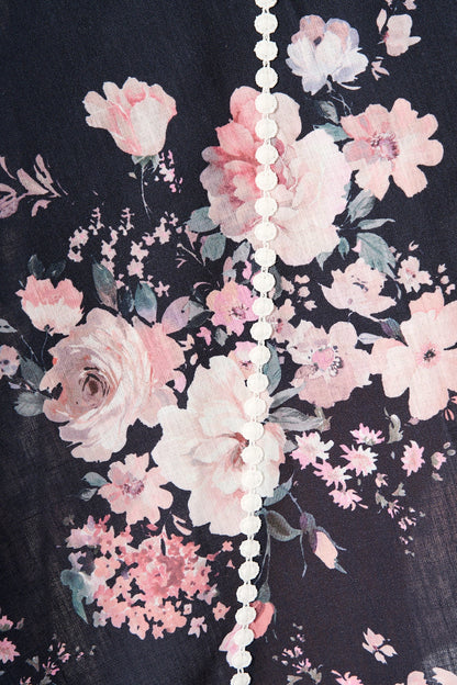 Art Of Bloom Midi Shirt Dress in Black with Blush Floral Linen Blend